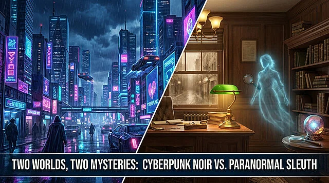 Jeux Epic : Cyberpunk Noir et Mystère Paranormal Image divisée montrant une ville cyberpunk néon et un bureau d'enquêteur paranormal avec un fantôme. Texte: "Deux mondes, deux mystères".