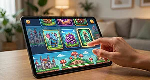 A human hand taps a tablet screen showing vibrant fantasy game icons: an elephant, spiky turtle, and an elf. Screen glows brightly.