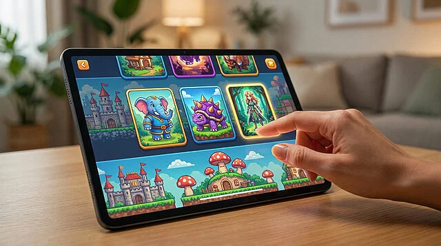 Digital Adventure: Collecting Icons on a Tablet A human hand taps a tablet screen showing vibrant fantasy game icons: an elephant, spiky turtle, and an elf. Screen glows brightly.