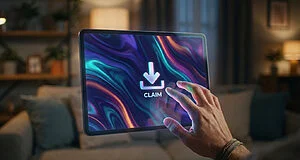 Close-up of hand reaching glowing digital screen with abstract blue/purple graphics. 'CLAIM' button shows glitch effect. Blurred living room background.