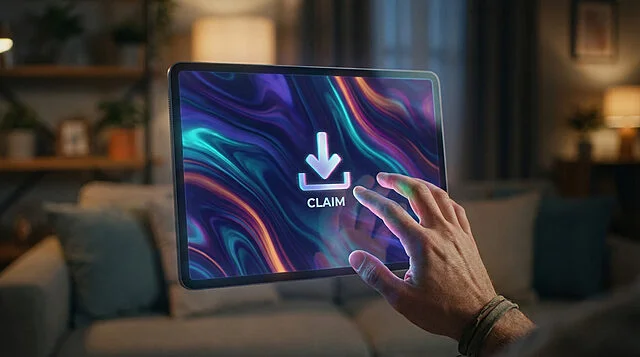 Digital Claim: Hand Reaches Glitching Interface Close-up of hand reaching glowing digital screen with abstract blue/purple graphics. 'CLAIM' button shows glitch effect. Blurred living room background.