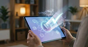 Hands hold a tablet displaying glowing social icons, virtual currency, and a vibrant checkmark cutting through digital fog, symbolizing truth.