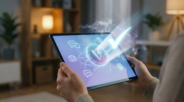 Digital Clarity: Debunking Online Rumors with a Checkmark Hands hold a tablet displaying glowing social icons, virtual currency, and a vibrant checkmark cutting through digital fog, symbolizing truth.