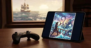 A gaming controller next to a tablet displaying a vibrant Webtoon comic of a pirate fighting a sea monster. A blurred pirate ship is in the background.