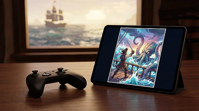 Digital Pirate Adventure: Gaming & Webtoon A gaming controller next to a tablet displaying a vibrant Webtoon comic of a pirate fighting a sea monster. A blurred pirate ship is in the background.