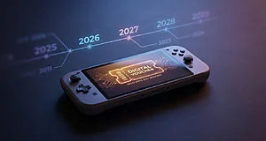 Sleek gaming console displays a glowing digital voucher valid until 2026/2027, against a soft-focused timeline of years.