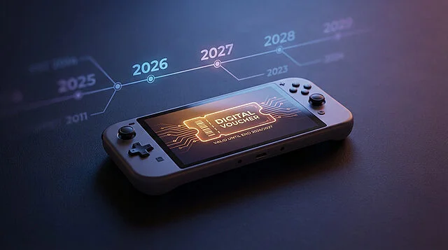 Digital Voucher: Gaming Console & Expiry Timeline Sleek gaming console displays a glowing digital voucher valid until 2026/2027, against a soft-focused timeline of years.