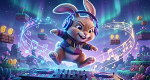 Un lapin DJ souriant avec des écouteurs mixe sur une platine, entouré de notes de musique lumineuses et d'un décor de jeu vidéo avec aurore boréale.