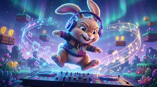 Un lapin DJ souriant avec des écouteurs mixe sur une platine, entouré de notes de musique lumineuses et d'un décor de jeu vidéo avec aurore boréale.