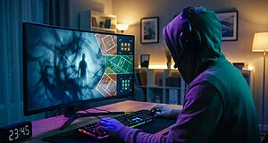 Anonymous gamer immersed in a vibrant screen showing horror and strategy game elements, illuminated by colorful monitor backlighting.