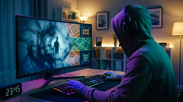 Dual Gaming Worlds: Horror and Simulation Anonymous gamer immersed in a vibrant screen showing horror and strategy game elements, illuminated by colorful monitor backlighting.