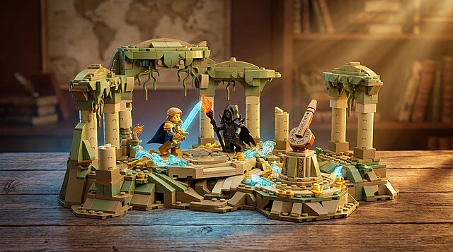 Lego Zelda Ocarina : Set culte du 40e anniversaire Set Lego The Legend of Zelda, Ocarina of Time, montrant Link et Ganondorf dans des ruines avec une ocarina et effets lumineux.
