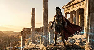 Un guerrier spartiate en armure avec cape rouge dans des ruines grecques baignées de lumière dorée, traversées de lignes bleues lumineuses.