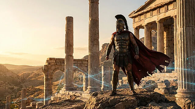 Remake God of War : Guerrier spartiate et ruines PS5 Un guerrier spartiate en armure avec cape rouge dans des ruines grecques baignées de lumière dorée, traversées de lignes bleues lumineuses.