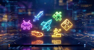 Sept icônes de jeux vidéo lumineuses (alien, épée, fusée, puzzle, voiture, plateforme, stratégie) sur fond numérique. Évoque la diversité des genres.