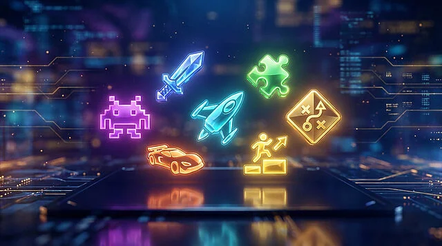 L'univers vibrant des jeux indés sur plateforme numérique Sept icônes de jeux vidéo lumineuses (alien, épée, fusée, puzzle, voiture, plateforme, stratégie) sur fond numérique. Évoque la diversité des genres.