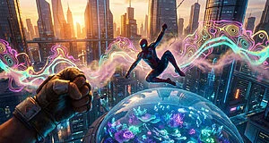 Spider-Man en costume rouge et bleu bondit au-dessus d'un dôme aquatique néon dans une ville futuriste au coucher du soleil, avec une main gantée au premier plan et des traînées d'énergie colorées.