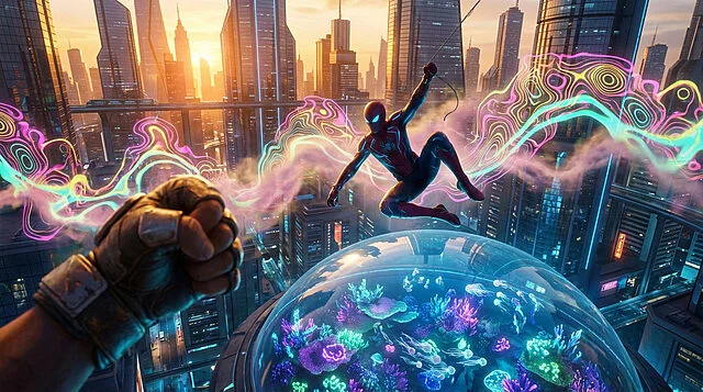 Spider-Man en costume rouge et bleu bondit au-dessus d'un dôme aquatique néon dans une ville futuriste au coucher du soleil, avec une main gantée au premier plan et des traînées d'énergie colorées.