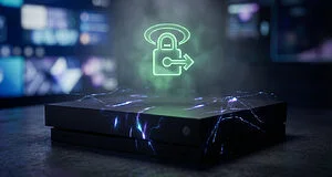 A dark game console with blue/purple glitch lines. A glowing green unlock icon floats above, against a blurred digital game library.