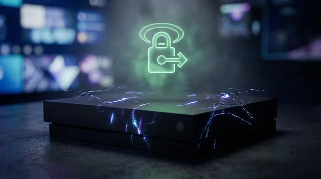 Ethereal Glitch: Console Unlock A dark game console with blue/purple glitch lines. A glowing green unlock icon floats above, against a blurred digital game library.