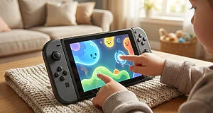 Un enfant joue avec ses doigts à un jeu tactile coloré sur une Nintendo Switch posée sur une couverture tricotée, dans un salon.