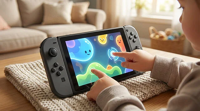 Jeu tactile Hello Mario sur Switch par un enfant Un enfant joue avec ses doigts à un jeu tactile coloré sur une Nintendo Switch posée sur une couverture tricotée, dans un salon.