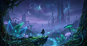 Personnage sur falaise observant un monde alien nocturne. Flore bioluminescente, rivières lumineuses, multiples lunes et structures lointaines.