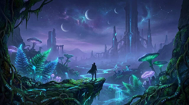 Planet Lana II : Monde alien bioluminescent Personnage sur falaise observant un monde alien nocturne. Flore bioluminescente, rivières lumineuses, multiples lunes et structures lointaines.