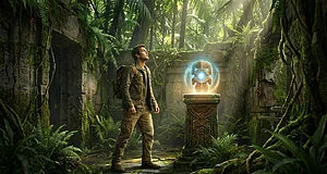 A man in adventure gear stands in overgrown jungle ruins, looking in awe at a glowing blue and gold ancient artifact on a stone pedestal.