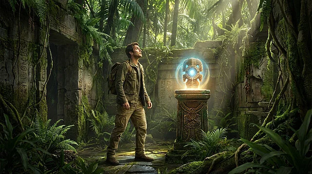 Explorer's Awe: Jungle Ruin Discovery A man in adventure gear stands in overgrown jungle ruins, looking in awe at a glowing blue and gold ancient artifact on a stone pedestal.