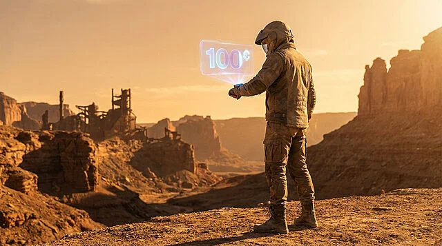 Explorer's Holographic Reward in Desert Canyon Figure in futuristic gear in a post-apocalyptic desert canyon, looking at a glowing holographic '100' reward. Warm light.