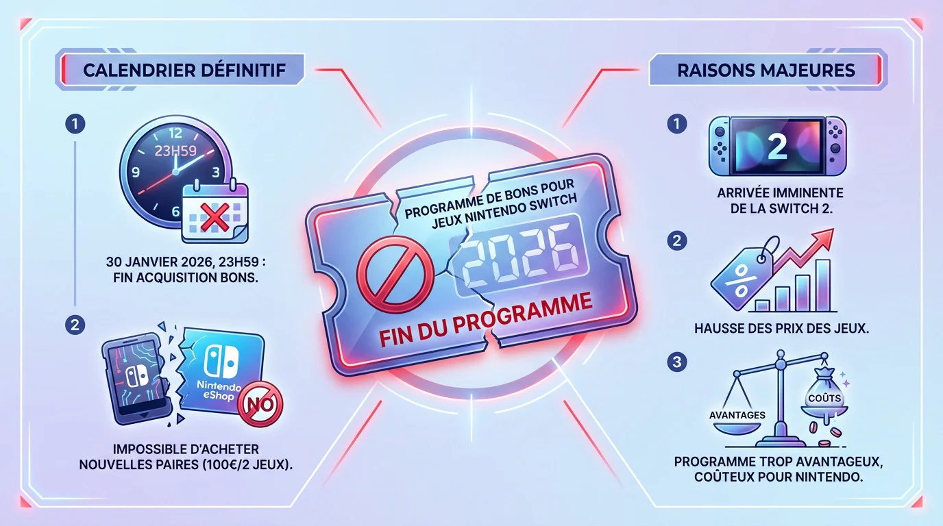 Calendrier fin des bons jeux Nintendo Switch Online et transition Switch 2