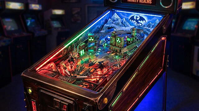 Flipper Bethesda: Fusion de Skyrim et Fallout Machine de flipper Bethesda 'Trinity Realms' aux thèmes Skyrim et Fallout. Plateau illuminé avec dragon, montagnes et symboles nucléaires.