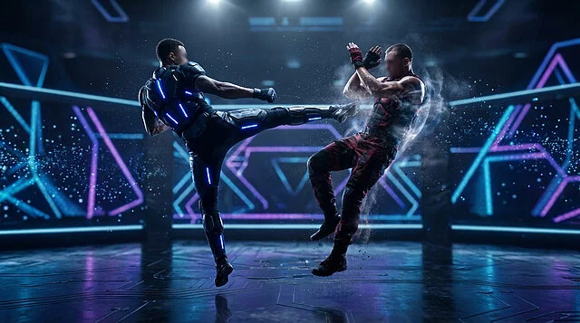 Tekken 5 : Choc futuriste dans l'arène virtuelle Deux combattants s'affrontent en l'air : l'un en tenue cybernétique bleue, l'autre en rouge, dans une arène néon futuriste.