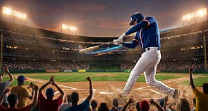 Un joueur de baseball en uniforme bleu frappe la balle avec puissance dans un stade bondé, des spectateurs acclament.