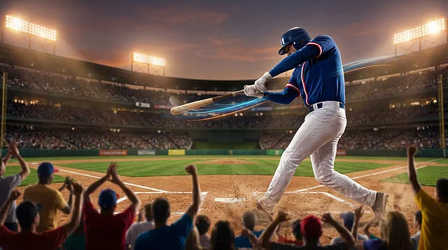 Action de baseball : Frappe puissante au stade Un joueur de baseball en uniforme bleu frappe la balle avec puissance dans un stade bondé, des spectateurs acclament.