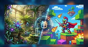 Dynamic image blending a lush photorealistic botanical garden with a pixel art knight. A glowing gift icon bridges both worlds, suggesting free games.