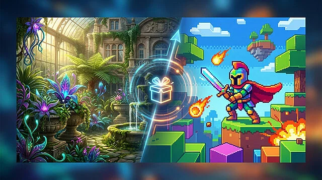 Free PC Games: Worlds Collide & Adventures Await Dynamic image blending a lush photorealistic botanical garden with a pixel art knight. A glowing gift icon bridges both worlds, suggesting free games.