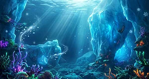 Cinematic underwater landscape: colossal blue icebergs, light rays, vibrant alien bioluminescent flora and fauna, snowflakes.