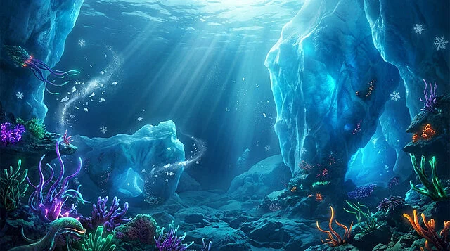 Frozen Bioluminescent Abyss Cinematic underwater landscape: colossal blue icebergs, light rays, vibrant alien bioluminescent flora and fauna, snowflakes.