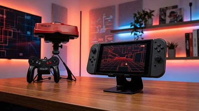 Virtual Boy et Switch : L'héritage revisité Configuration de jeu avec une console Virtual Boy rouge et son contrôleur. Une Switch affiche un jeu filaire rouge, rappelant l'esthétique VB.