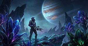 A futuristic explorer in a dark combat suit stands on an alien planet with glowing blue and purple flora, under a large gas giant.