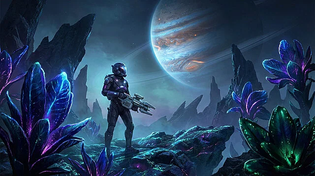 Futuristic Explorer on Bioluminescent Planet A futuristic explorer in a dark combat suit stands on an alien planet with glowing blue and purple flora, under a large gas giant.