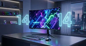 Futuristic gaming setup with a curved monitor showing a vibrant abstract digital landscape, glowing '14's, keyboard, mouse, and city background.