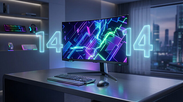 Futuristic Gaming: 14 Games Await Futuristic gaming setup with a curved monitor showing a vibrant abstract digital landscape, glowing '14's, keyboard, mouse, and city background.