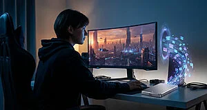 Person in dark hoodie intensely gaming in a dim room. Ultrawide monitor displays a futuristic city. Sleek SSD on desk with flowing data.