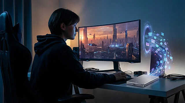 Person in dark hoodie intensely gaming in a dim room. Ultrawide monitor displays a futuristic city. Sleek SSD on desk with flowing data.