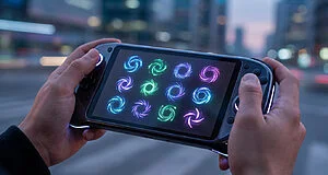 Close-up of hands holding a futuristic handheld gaming device. Its screen glows with 12 vibrant blue, purple, green, and pink abstract swirling symbols. Blurred futuristic city lights in background.