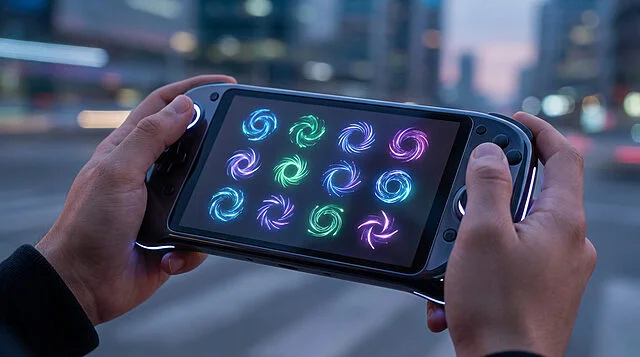 Futuristic Handheld Gaming: A Symphony of Light Close-up of hands holding a futuristic handheld gaming device. Its screen glows with 12 vibrant blue, purple, green, and pink abstract swirling symbols. Blurred futuristic city lights in background.