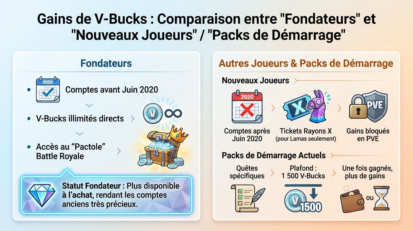 Comparaison des gains V-Bucks entre fondateurs Fortnite et nouveaux joueurs via packs de démarrage